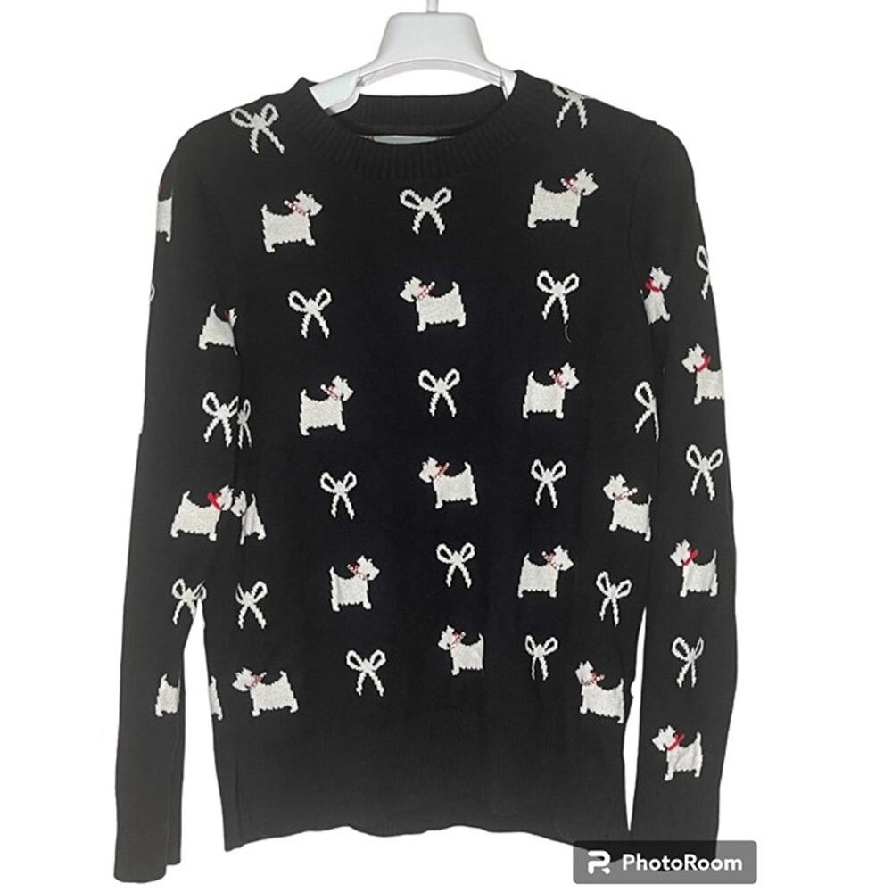 Charter Club Dog Ribbon Print Sweater Crew Neck Knit Pullover Womens Size S USED